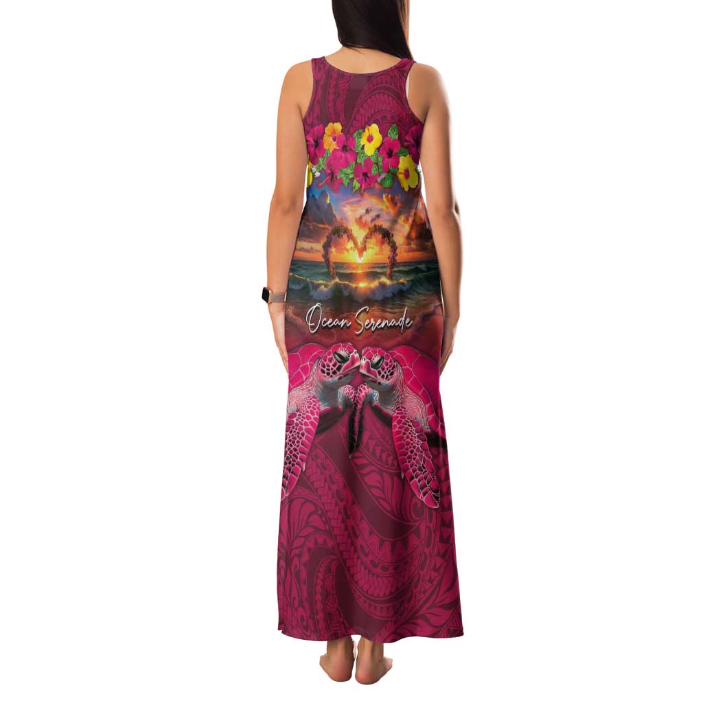 Hawaiian Turtle Love Couple Family Matching Tank Maxi Dress and Hawaiian Shirt Ocean Serenade - Honu Honi Ihu with Hibiscus and Romantic Sunset Pink Color