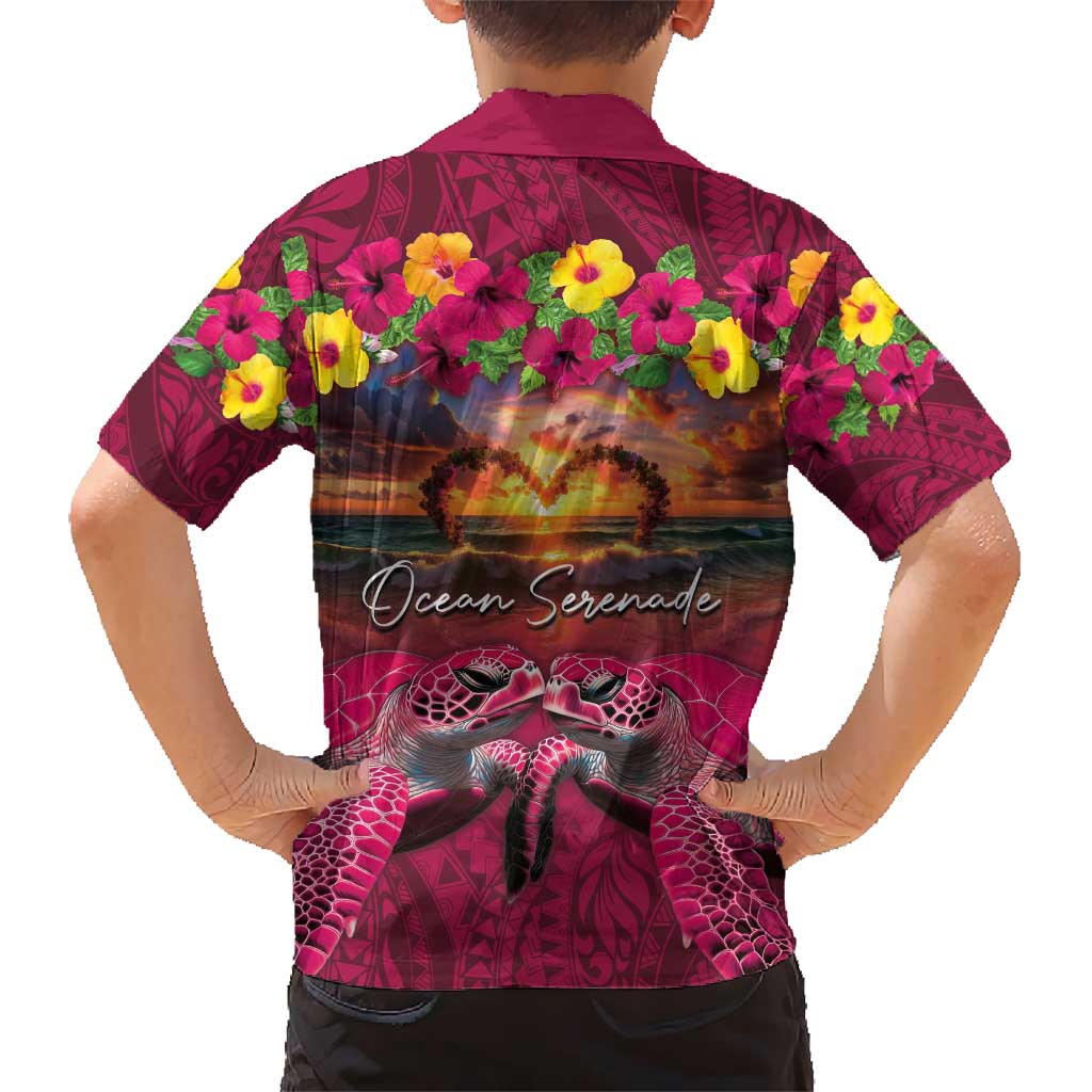 Hawaiian Turtle Love Couple Kid Hawaiian Shirt Ocean Serenade - Honu Honi Ihu with Hibiscus and Romantic Sunset Pink Color