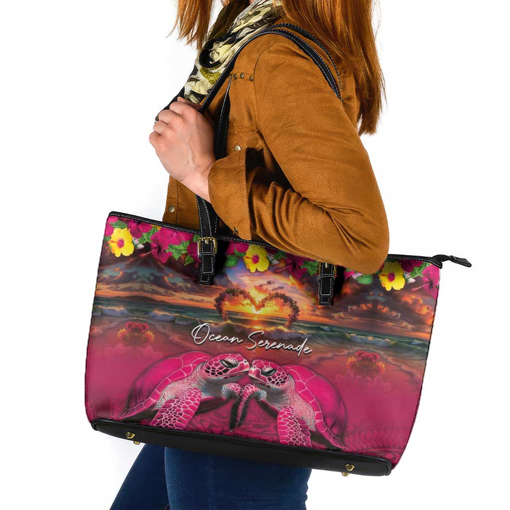 Hawaiian Turtle Love Couple Leather Tote Bag Ocean Serenade - Honu Honi Ihu with Hibiscus and Romantic Sunset Pink Color