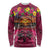 Hawaiian Turtle Love Couple Long Sleeve Shirt Ocean Serenade - Honu Honi Ihu with Hibiscus and Romantic Sunset Pink Color