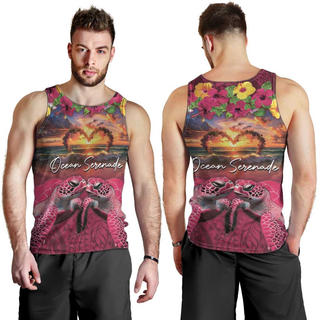 Hawaiian Turtle Love Couple Men Tank Top Ocean Serenade - Honu Honi Ihu with Hibiscus and Romantic Sunset Pink Color