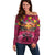 Hawaiian Turtle Love Couple Off Shoulder Sweater Ocean Serenade - Honu Honi Ihu with Hibiscus and Romantic Sunset Pink Color