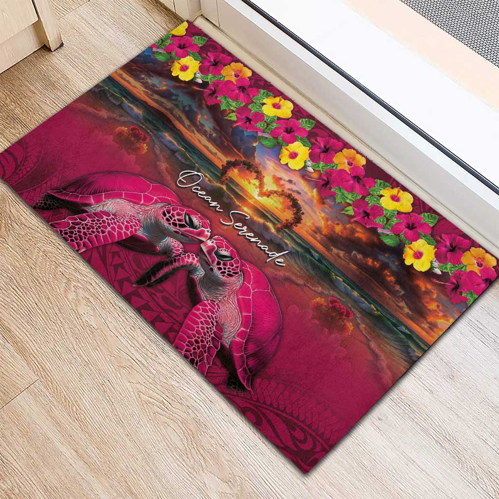 Hawaiian Turtle Love Couple Rubber Doormat Ocean Serenade - Honu Honi Ihu with Hibiscus and Romantic Sunset Pink Color LT03 - Polynesian Pride