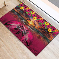 Hawaiian Turtle Love Couple Rubber Doormat Ocean Serenade - Honu Honi Ihu with Hibiscus and Romantic Sunset Pink Color LT03 - Polynesian Pride