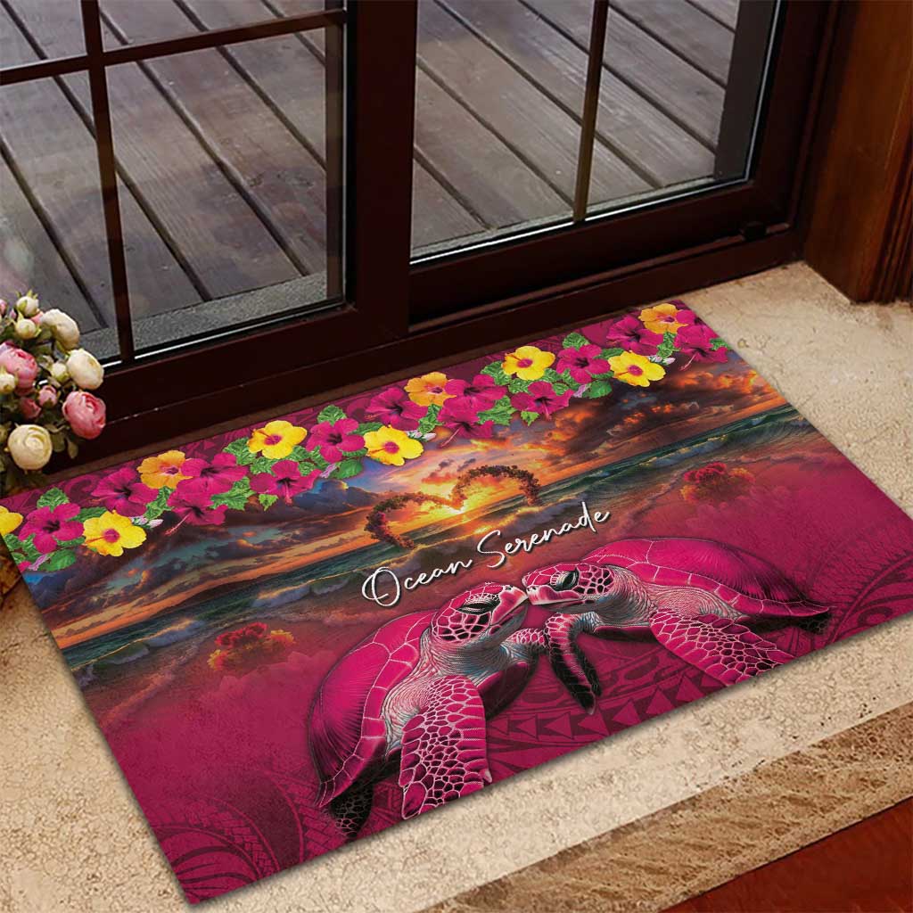 Hawaiian Turtle Love Couple Rubber Doormat Ocean Serenade - Honu Honi Ihu with Hibiscus and Romantic Sunset Pink Color LT03 - Polynesian Pride
