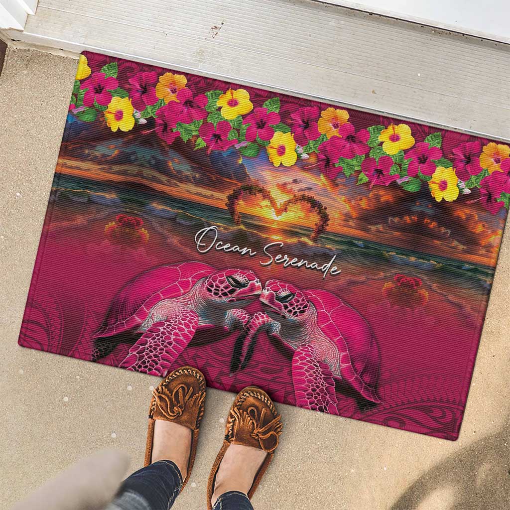 Hawaiian Turtle Love Couple Rubber Doormat Ocean Serenade - Honu Honi Ihu with Hibiscus and Romantic Sunset Pink Color LT03 - Polynesian Pride