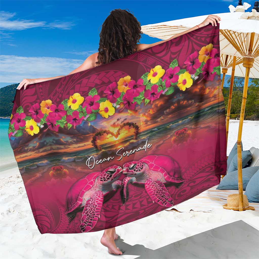 Hawaiian Turtle Love Couple Sarong Ocean Serenade - Honu Honi Ihu with Hibiscus and Romantic Sunset Pink Color