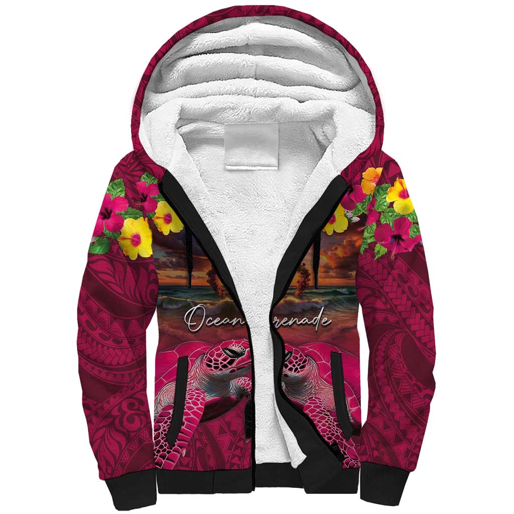 Hawaiian Turtle Love Couple Sherpa Hoodie Ocean Serenade - Honu Honi Ihu with Hibiscus and Romantic Sunset Pink Color