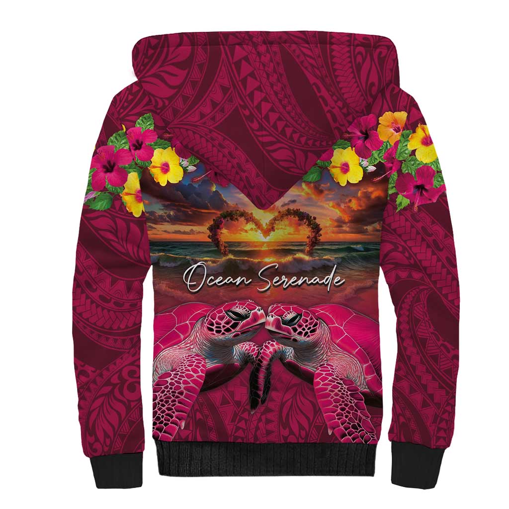 Hawaiian Turtle Love Couple Sherpa Hoodie Ocean Serenade - Honu Honi Ihu with Hibiscus and Romantic Sunset Pink Color