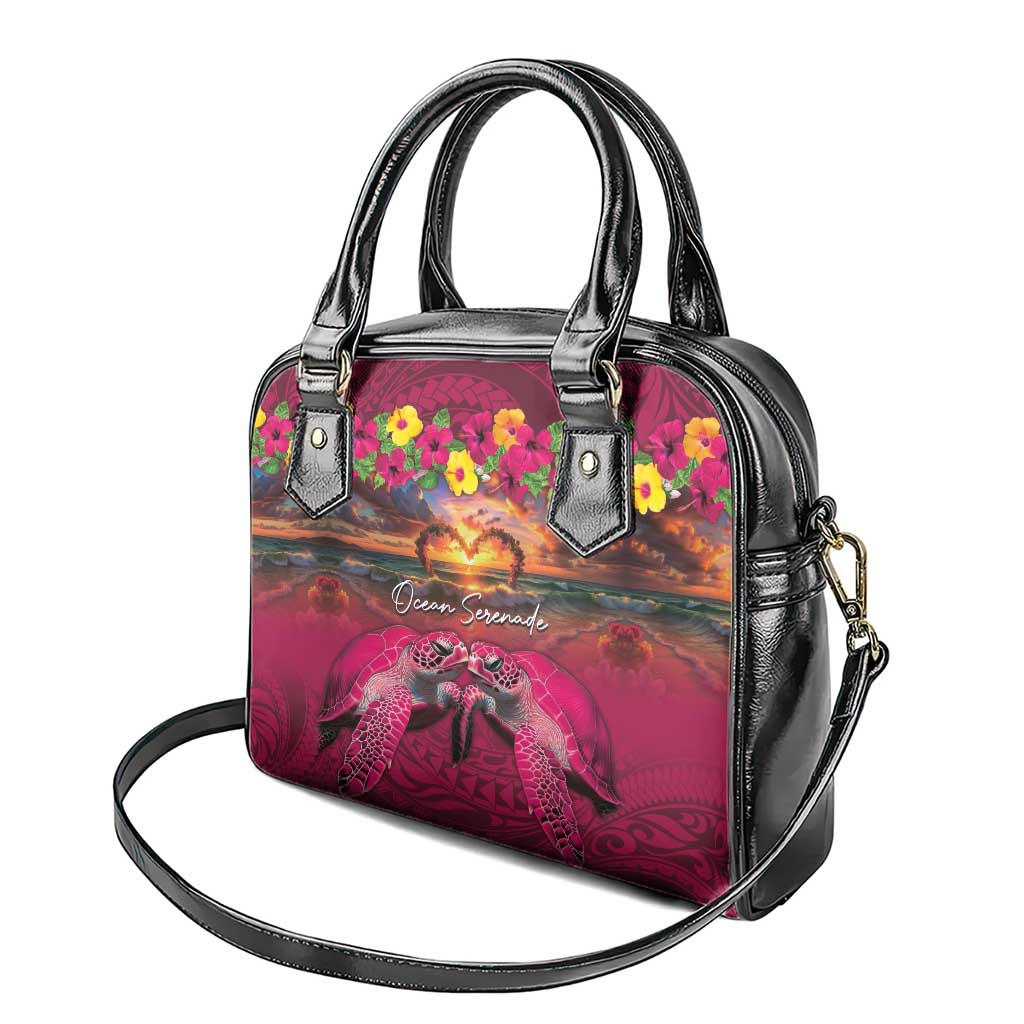 Hawaiian Turtle Love Couple Shoulder Handbag Ocean Serenade - Honu Honi Ihu with Hibiscus and Romantic Sunset Pink Color
