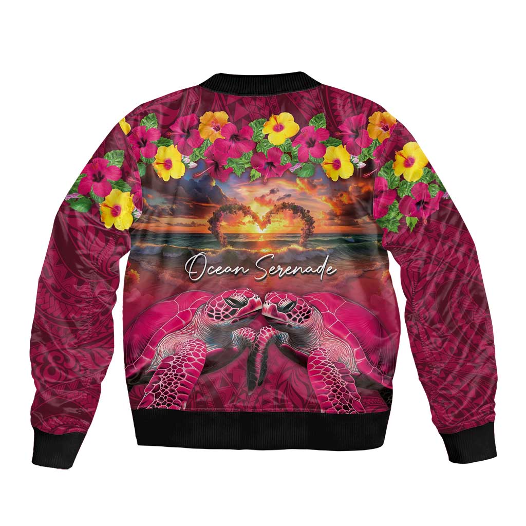 Hawaiian Turtle Love Couple Sleeve Zip Bomber Jacket Ocean Serenade - Honu Honi Ihu with Hibiscus and Romantic Sunset Pink Color