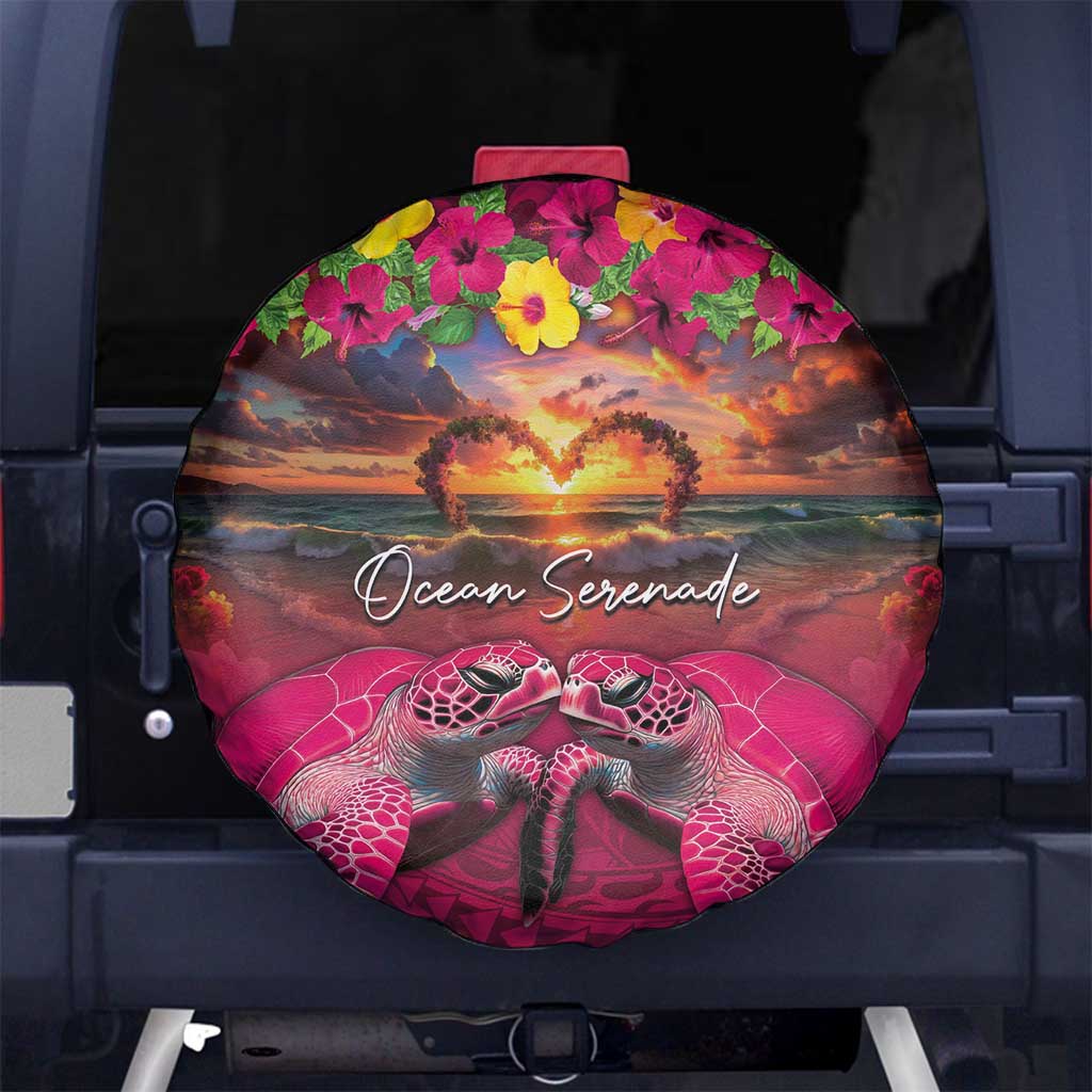 Hawaiian Turtle Love Couple Spare Tire Cover Ocean Serenade - Honu Honi Ihu with Hibiscus and Romantic Sunset Pink Color