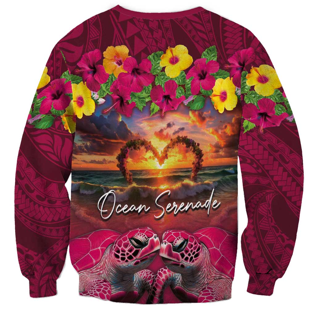 Hawaiian Turtle Love Couple Sweatshirt Ocean Serenade - Honu Honi Ihu with Hibiscus and Romantic Sunset Pink Color LT03 - Polynesian Pride