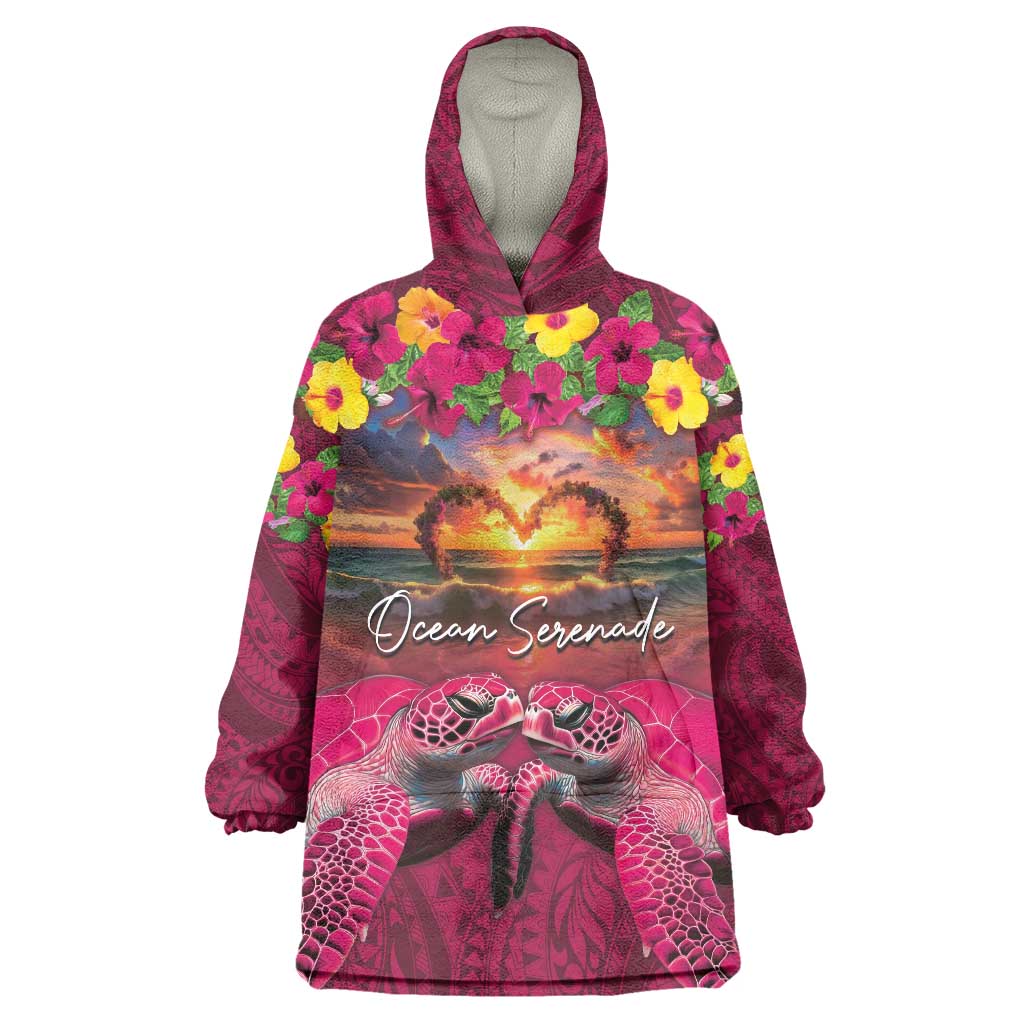 Hawaiian Turtle Love Couple Wearable Blanket Hoodie Ocean Serenade - Honu Honi Ihu with Hibiscus and Romantic Sunset Pink Color