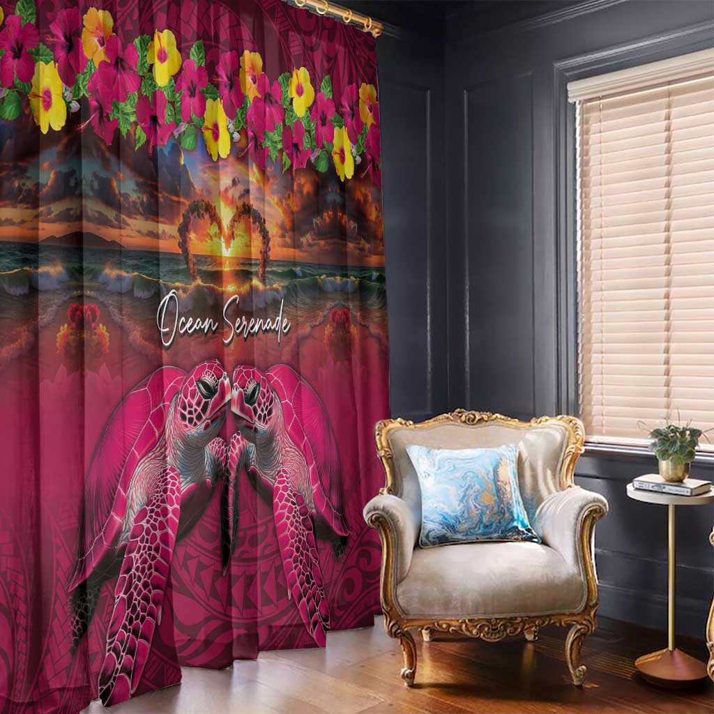 Hawaiian Turtle Love Couple Window Curtain Ocean Serenade - Honu Honi Ihu with Hibiscus and Romantic Sunset Pink Color