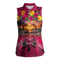 Hawaiian Turtle Love Couple Women Sleeveless Polo Shirt Ocean Serenade - Honu Honi Ihu with Hibiscus and Romantic Sunset Pink Color LT03 Female Pink - Polynesian Pride