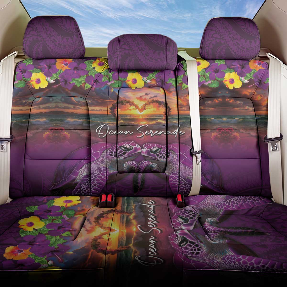 Hawaiian Turtle Love Couple Back Car Seat Cover Ocean Serenade - Honu Honi Ihu with Hibiscus and Romantic Sunset Purple Color