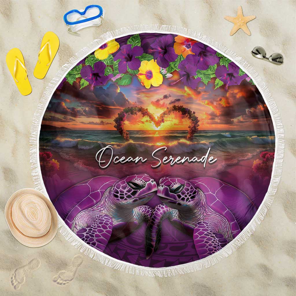 Hawaiian Turtle Love Couple Beach Blanket Ocean Serenade - Honu Honi Ihu with Hibiscus and Romantic Sunset Purple Color LT03 One Size 150cm Purple - Polynesian Pride