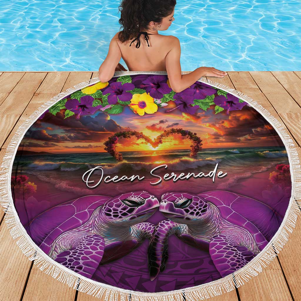 Hawaiian Turtle Love Couple Beach Blanket Ocean Serenade - Honu Honi Ihu with Hibiscus and Romantic Sunset Purple Color LT03 - Polynesian Pride