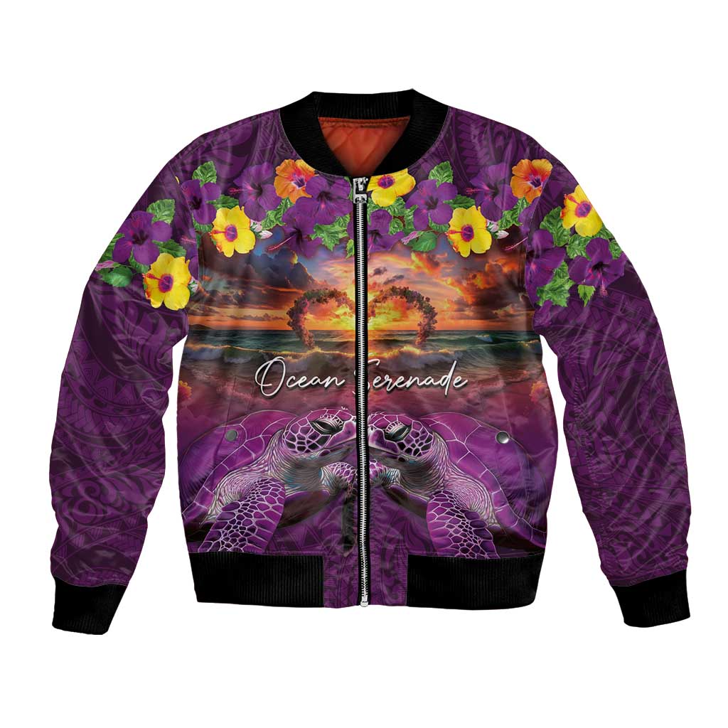 Hawaiian Turtle Love Couple Bomber Jacket Ocean Serenade - Honu Honi Ihu with Hibiscus and Romantic Sunset Purple Color