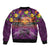 Hawaiian Turtle Love Couple Bomber Jacket Ocean Serenade - Honu Honi Ihu with Hibiscus and Romantic Sunset Purple Color