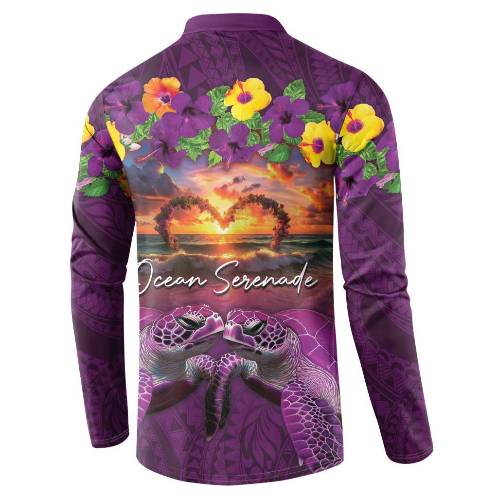 Hawaiian Turtle Love Couple Button Sweatshirt Ocean Serenade - Honu Honi Ihu with Hibiscus and Romantic Sunset Purple Color LT03 - Polynesian Pride