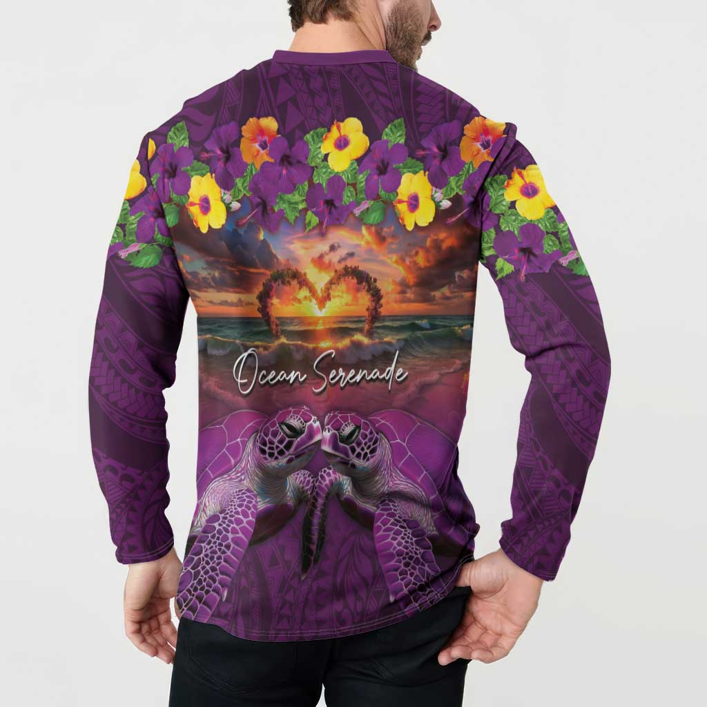 Hawaiian Turtle Love Couple Button Sweatshirt Ocean Serenade - Honu Honi Ihu with Hibiscus and Romantic Sunset Purple Color LT03 - Polynesian Pride