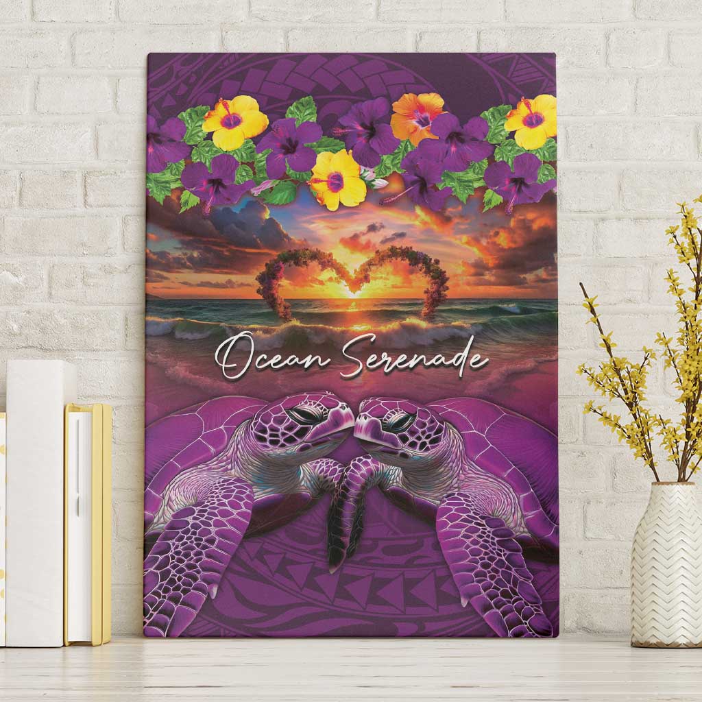 Hawaiian Turtle Love Couple Canvas Wall Art Ocean Serenade - Honu Honi Ihu with Hibiscus and Romantic Sunset Purple Color