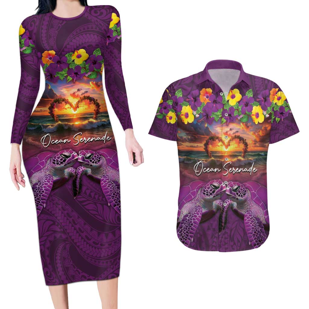 Hawaiian Turtle Love Couple Couples Matching Long Sleeve Bodycon Dress and Hawaiian Shirt Ocean Serenade - Honu Honi Ihu with Hibiscus and Romantic Sunset Purple Color