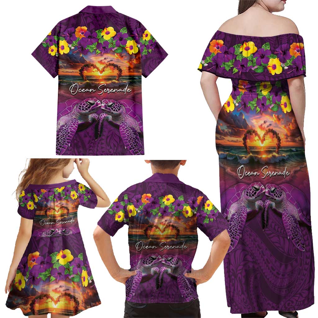Hawaiian Turtle Love Couple Family Matching Off Shoulder Maxi Dress and Hawaiian Shirt Ocean Serenade - Honu Honi Ihu with Hibiscus and Romantic Sunset Purple Color