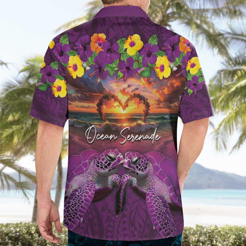 Hawaiian Turtle Love Couple Hawaiian Shirt Ocean Serenade - Honu Honi Ihu with Hibiscus and Romantic Sunset Purple Color