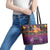 Hawaiian Turtle Love Couple Leather Tote Bag Ocean Serenade - Honu Honi Ihu with Hibiscus and Romantic Sunset Purple Color