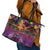 Hawaiian Turtle Love Couple Leather Tote Bag Ocean Serenade - Honu Honi Ihu with Hibiscus and Romantic Sunset Purple Color