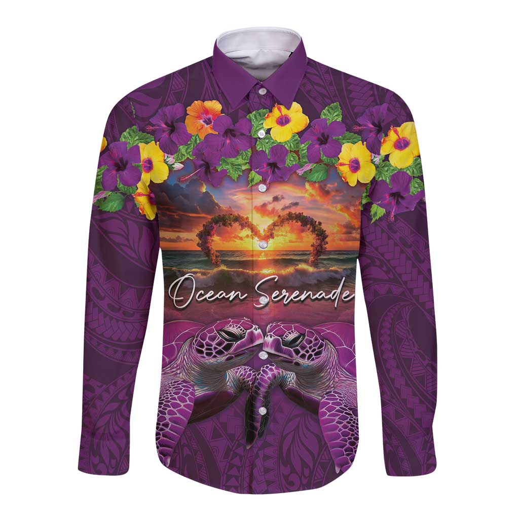 Hawaiian Turtle Love Couple Long Sleeve Button Shirt Ocean Serenade - Honu Honi Ihu with Hibiscus and Romantic Sunset Purple Color