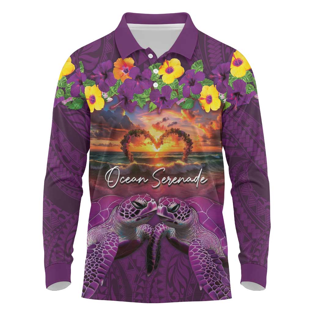 Hawaiian Turtle Love Couple Long Sleeve Polo Shirt Ocean Serenade - Honu Honi Ihu with Hibiscus and Romantic Sunset Purple Color LT03 Purple - Polynesian Pride