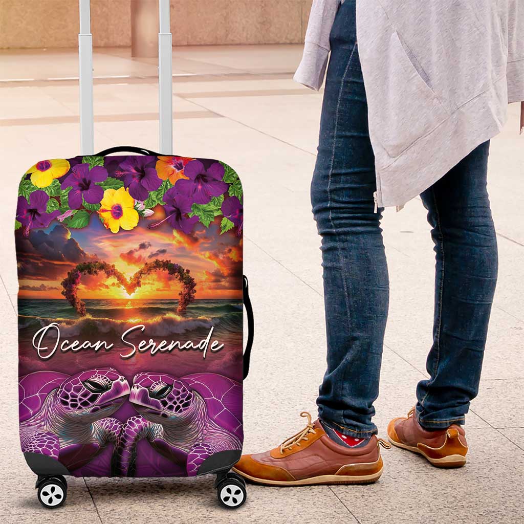 Hawaiian Turtle Love Couple Luggage Cover Ocean Serenade - Honu Honi Ihu with Hibiscus and Romantic Sunset Purple Color