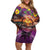 Hawaiian Turtle Love Couple Off Shoulder Short Dress Ocean Serenade - Honu Honi Ihu with Hibiscus and Romantic Sunset Purple Color