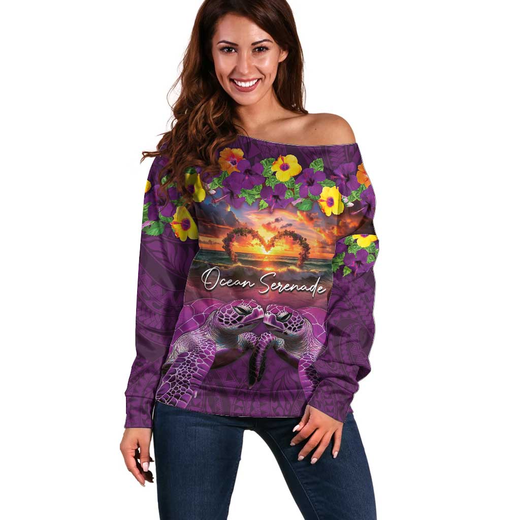 Hawaiian Turtle Love Couple Off Shoulder Sweater Ocean Serenade - Honu Honi Ihu with Hibiscus and Romantic Sunset Purple Color