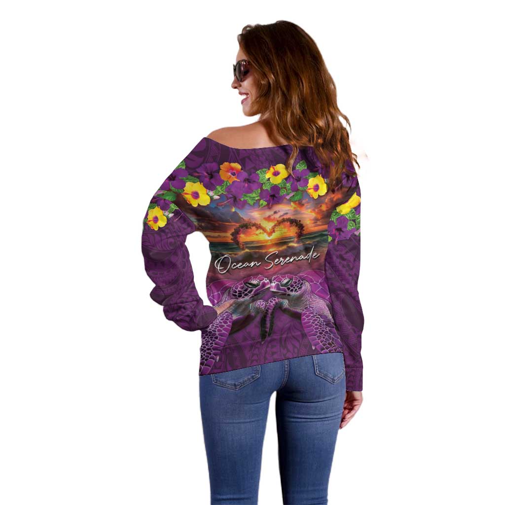 Hawaiian Turtle Love Couple Off Shoulder Sweater Ocean Serenade - Honu Honi Ihu with Hibiscus and Romantic Sunset Purple Color