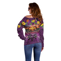 Hawaiian Turtle Love Couple Off Shoulder Sweater Ocean Serenade - Honu Honi Ihu with Hibiscus and Romantic Sunset Purple Color