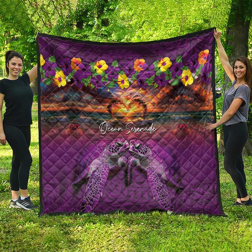 Hawaiian Turtle Love Couple Quilt Ocean Serenade - Honu Honi Ihu with Hibiscus and Romantic Sunset Purple Color