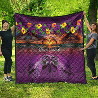 Hawaiian Turtle Love Couple Quilt Ocean Serenade - Honu Honi Ihu with Hibiscus and Romantic Sunset Purple Color