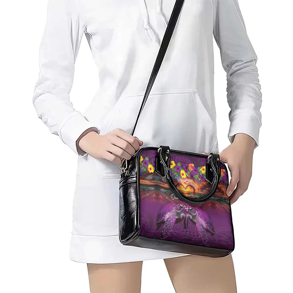 Hawaiian Turtle Love Couple Shoulder Handbag Ocean Serenade - Honu Honi Ihu with Hibiscus and Romantic Sunset Purple Color