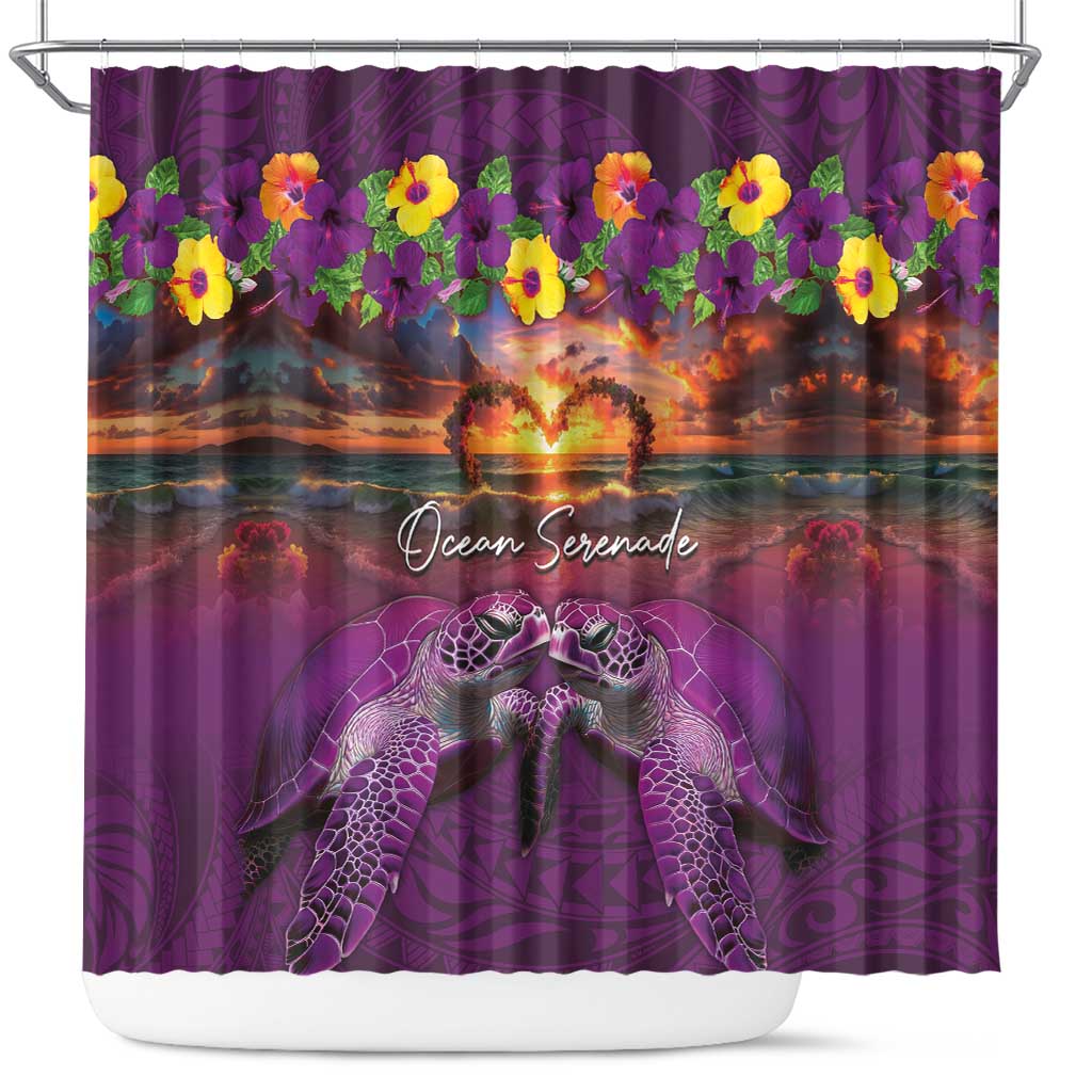 Hawaiian Turtle Love Couple Shower Curtain Ocean Serenade - Honu Honi Ihu with Hibiscus and Romantic Sunset Purple Color