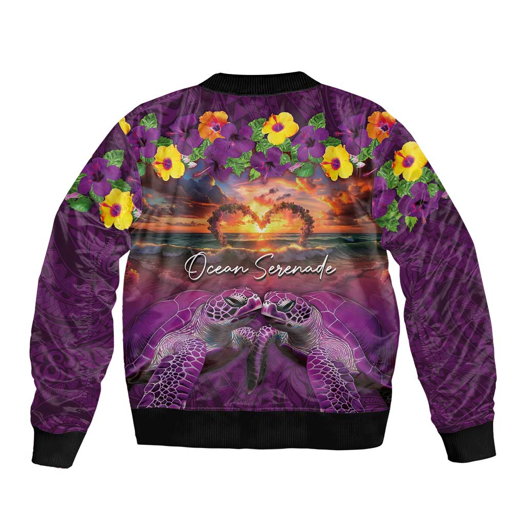 Hawaiian Turtle Love Couple Sleeve Zip Bomber Jacket Ocean Serenade - Honu Honi Ihu with Hibiscus and Romantic Sunset Purple Color