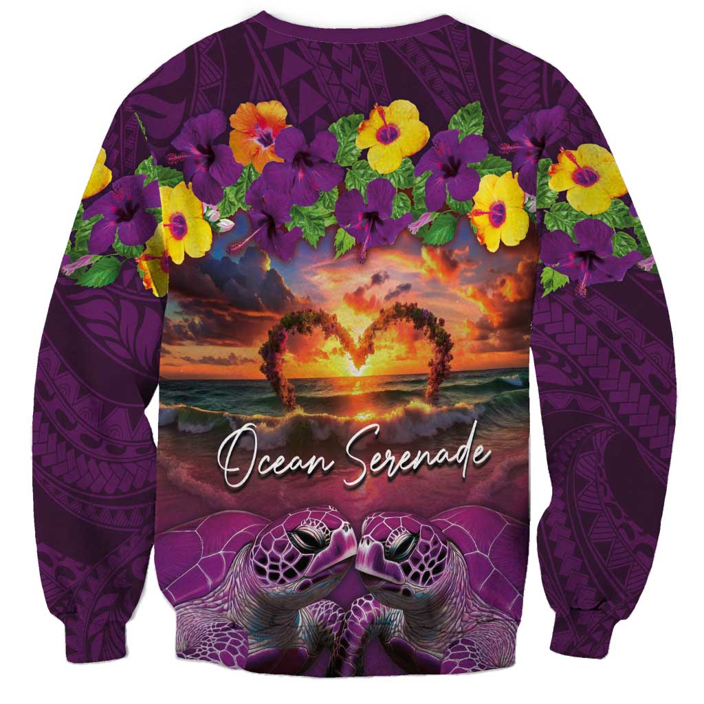 Hawaiian Turtle Love Couple Sweatshirt Ocean Serenade - Honu Honi Ihu with Hibiscus and Romantic Sunset Purple Color LT03 - Polynesian Pride