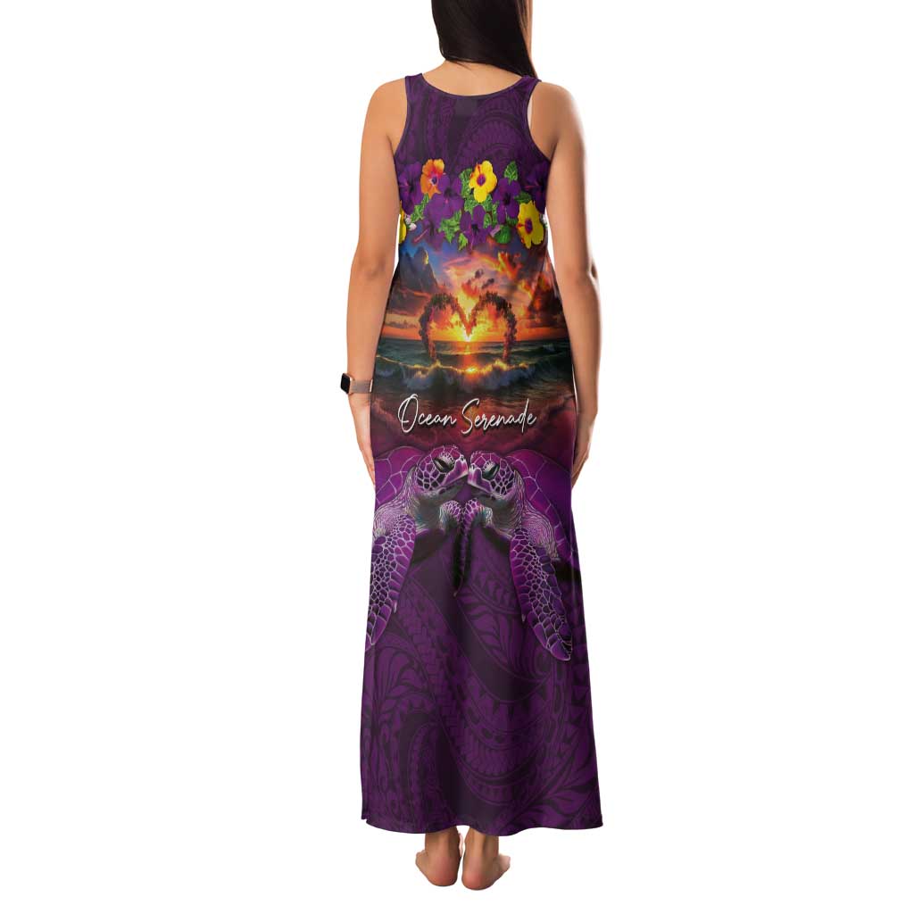 Hawaiian Turtle Love Couple Tank Maxi Dress Ocean Serenade - Honu Honi Ihu with Hibiscus and Romantic Sunset Purple Color