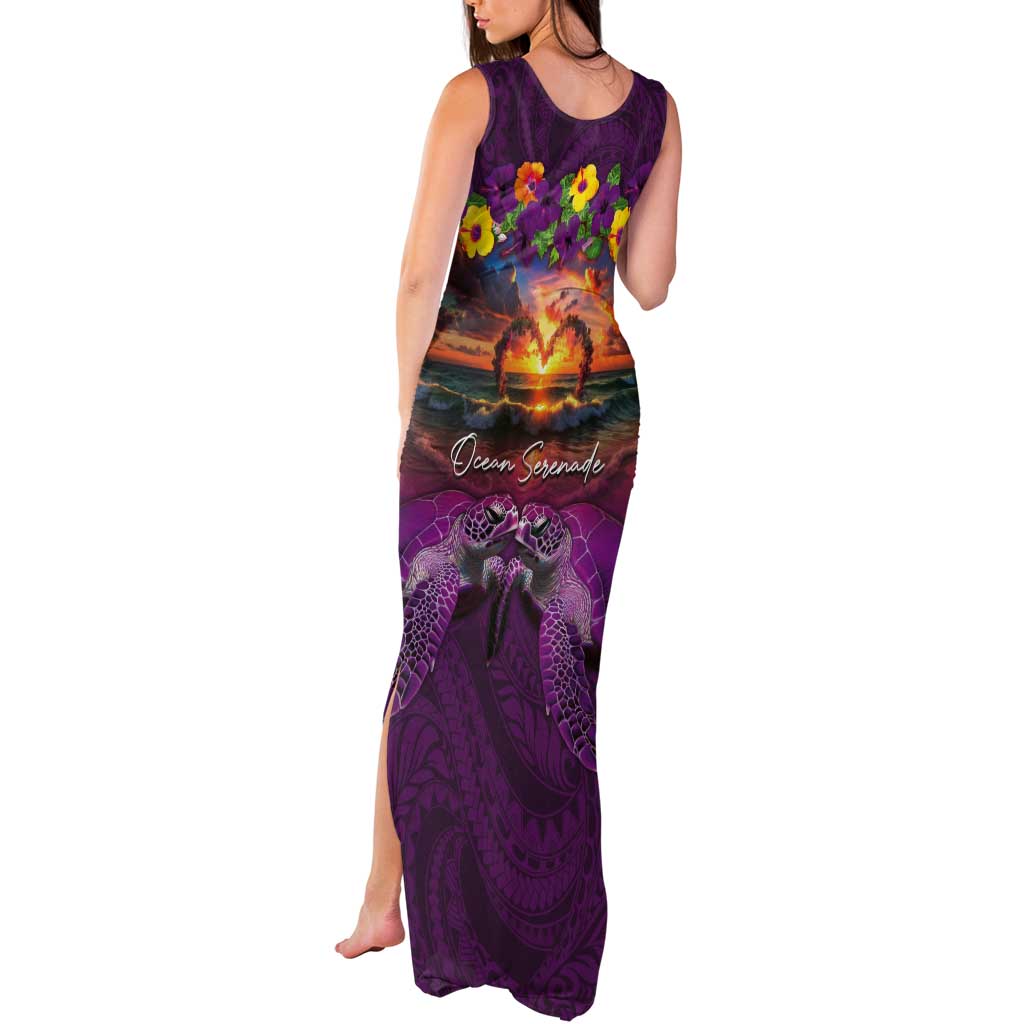 Hawaiian Turtle Love Couple Tank Maxi Dress Ocean Serenade - Honu Honi Ihu with Hibiscus and Romantic Sunset Purple Color