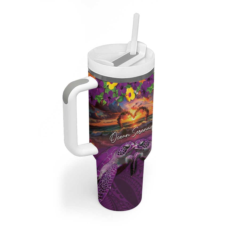 Hawaiian Turtle Love Couple Tumbler With Handle Ocean Serenade - Honu Honi Ihu with Hibiscus and Romantic Sunset Purple Color