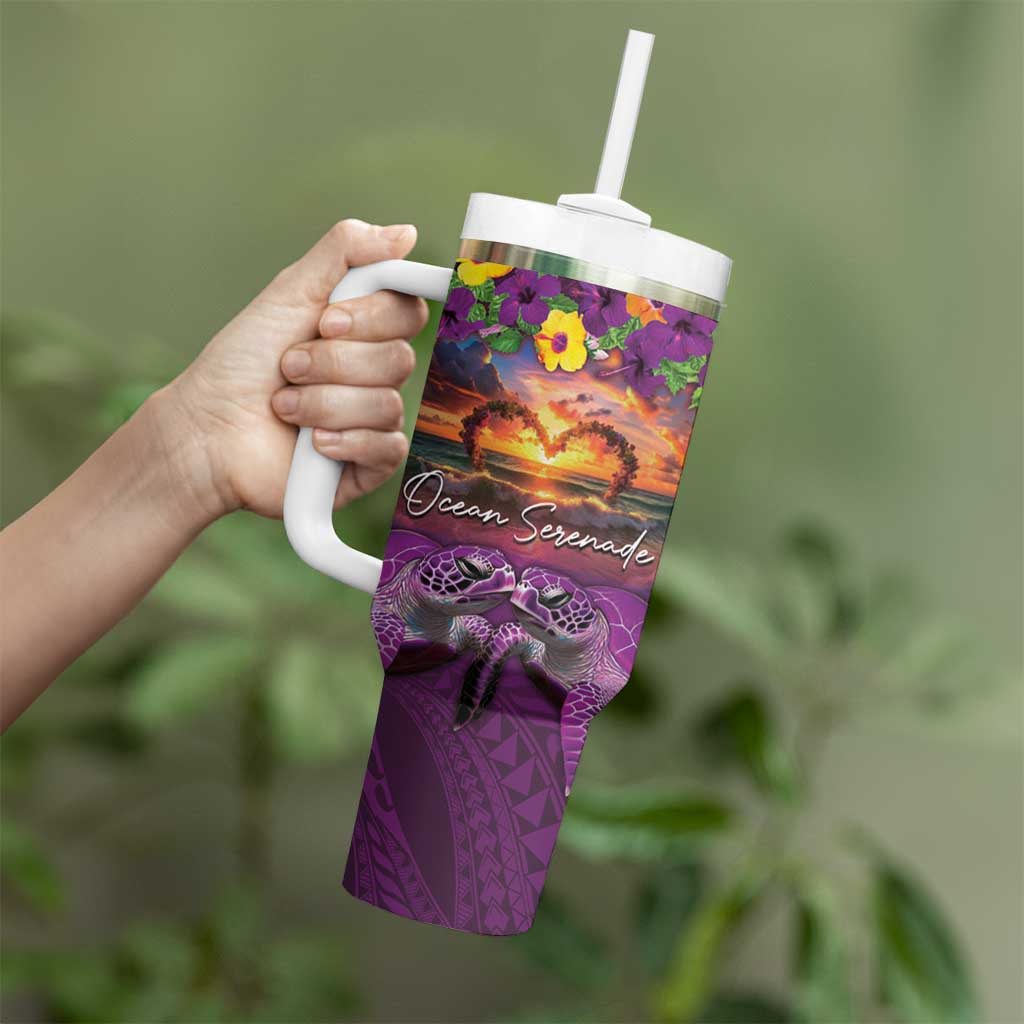 Hawaiian Turtle Love Couple Tumbler With Handle Ocean Serenade - Honu Honi Ihu with Hibiscus and Romantic Sunset Purple Color